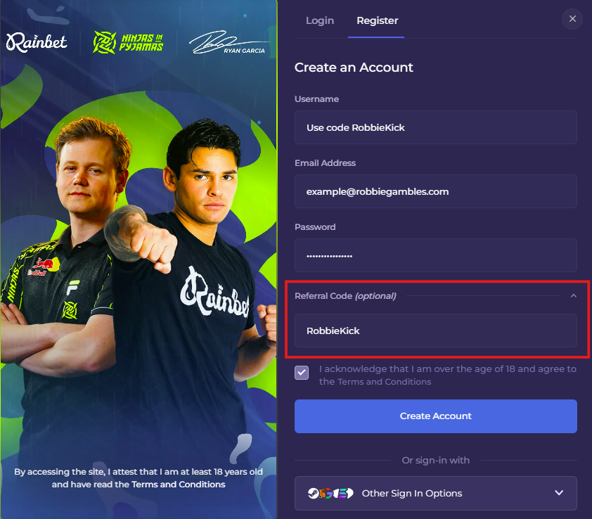 Rainbet Registration - Enter code RobbieKick in the Referral Code field